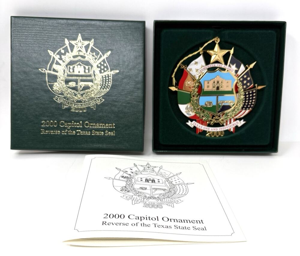 2000 Texas Capitol Ornament Reverse of State Seal w Box and Pamphlet Christmas